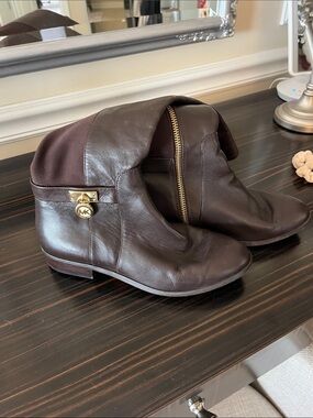 Michael Kors Brown Leather Fold-Over Ankle Boots with Gold Hardware